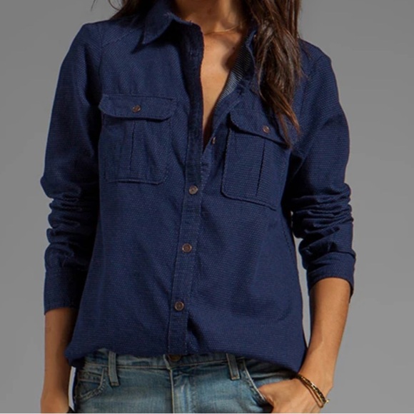 Paige Kadie Shirt In Whisper Dot Womens Sz XS Blue Denim Button Down Long Sleeve - Picture 2 of 13